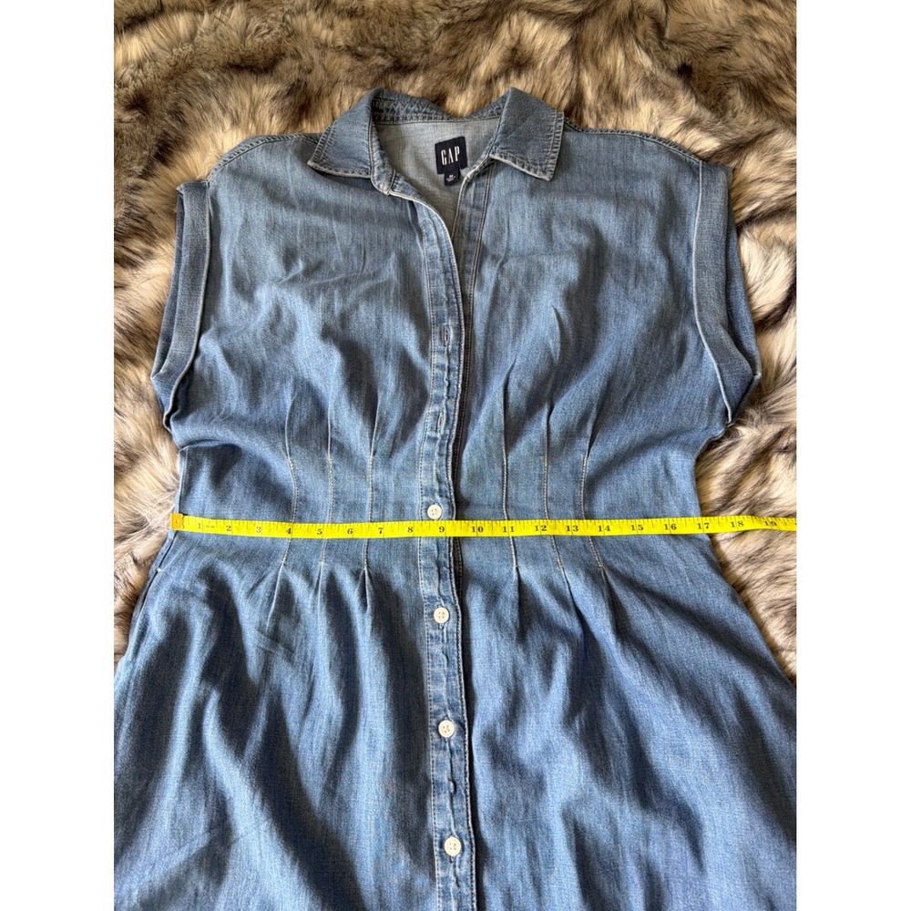 Gap Denim Midi Shirt Dress Medium Wash Blue Cotton Sleeveless Pleated Waist M - Picture 6 of 8
